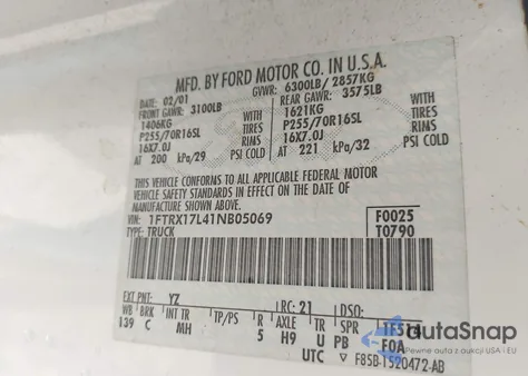 2001 Ford F-150 Lariat/Xl/Xlt from USA, damaged, VIN 1FTRX17L41NB05069